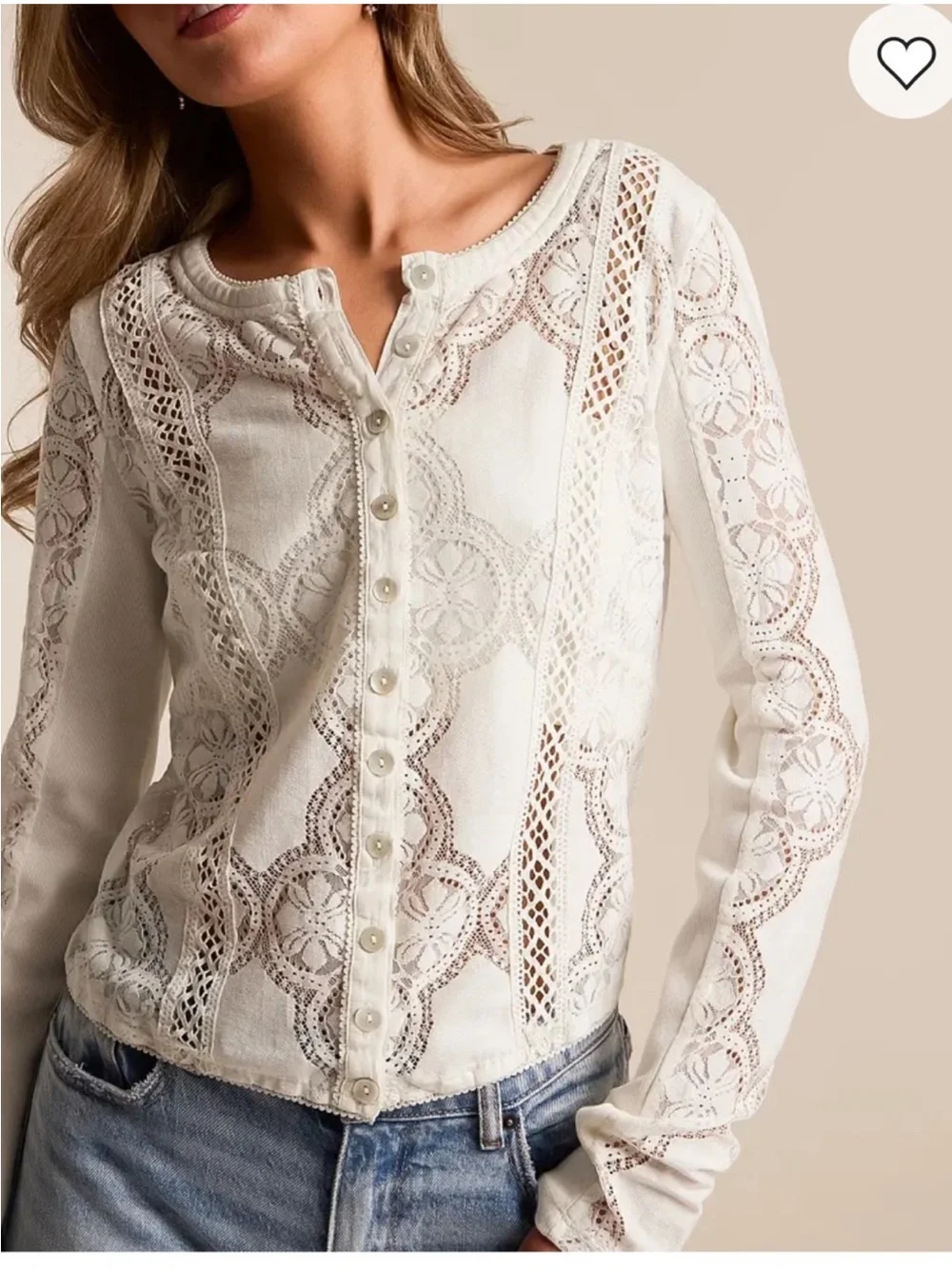 Free People Ivory Lace-Panel Button Down Top